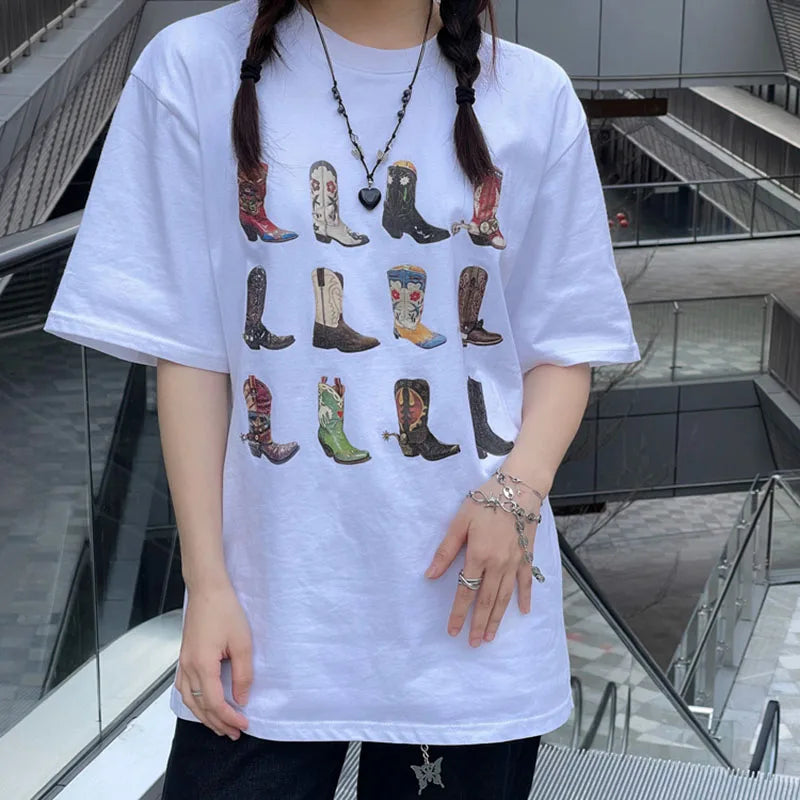 Boot Western T-Shirt Women T Shirt Summer Loose Vintage Boho Texas T