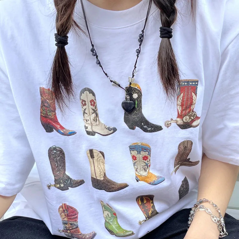 Boot Western T-Shirt Women T Shirt Summer Loose Vintage Boho Texas T