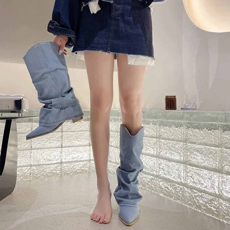 Pleats Blue Denim Boots