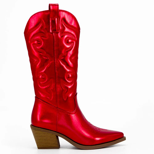 Silver Metallic Cowboy Boots For Women Pointed Toe Wide Calf Western