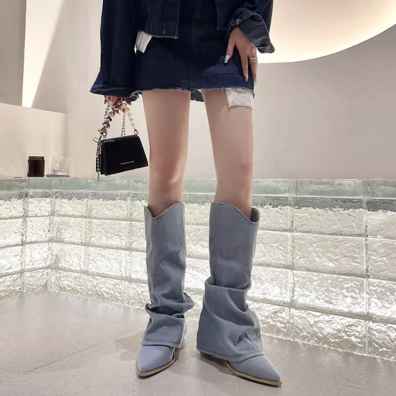 Pleats Blue Denim Boots
