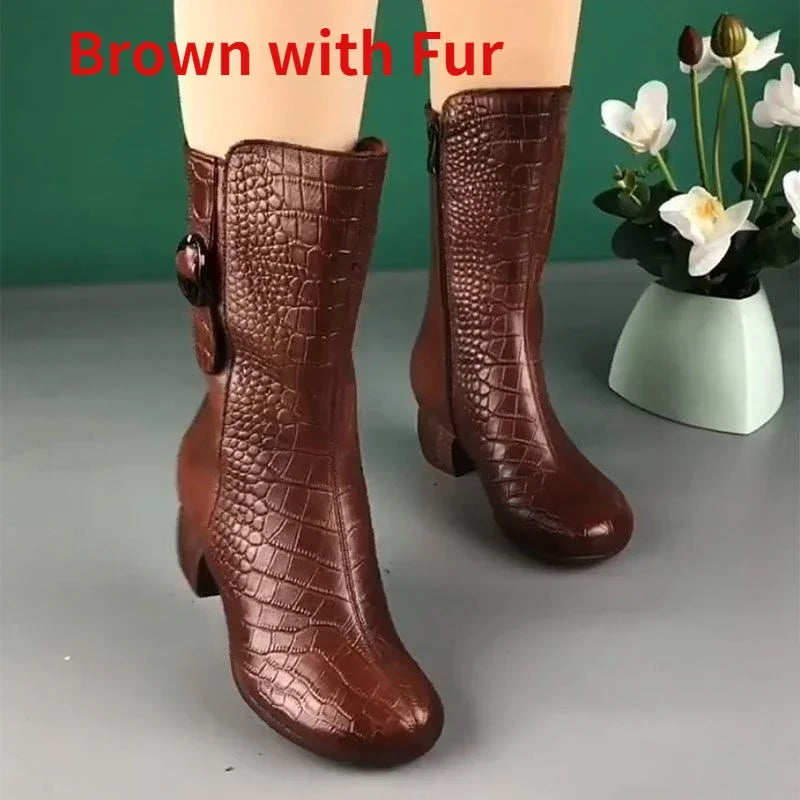 Cowboy Boots for Women High-top Faux Leather Winter Shoes Retro Womens