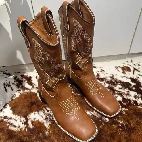 Women Retro Mid Calf Western Cowboy Motorcycle Boots Female Autumn