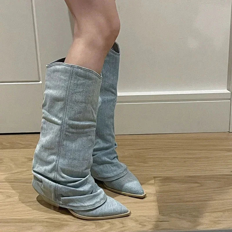 Pleats Blue Denim Boots