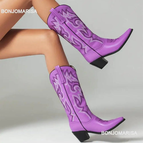 Cowgirl Boots Women Embroidery Knee High mid Calf Cowboy Boots Slip On