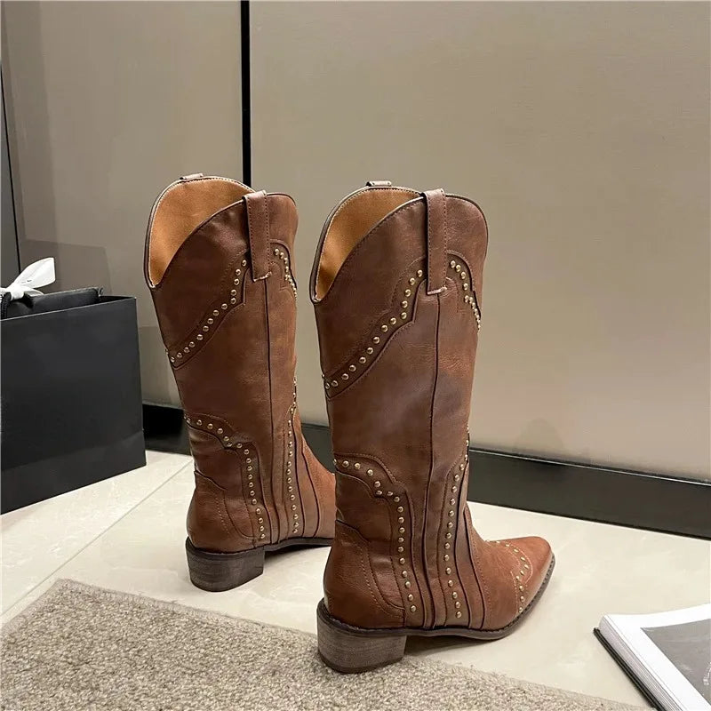 Retro Rivet Long Boots Women Low Heel Cowboy Chelsea Western Pu