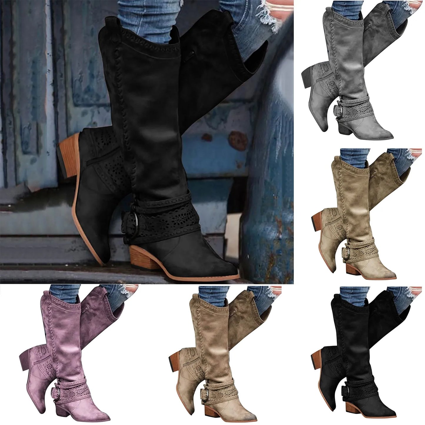 2023 New Western Cowboy Boots Buckle Ladies Low Heel Knee High Boots