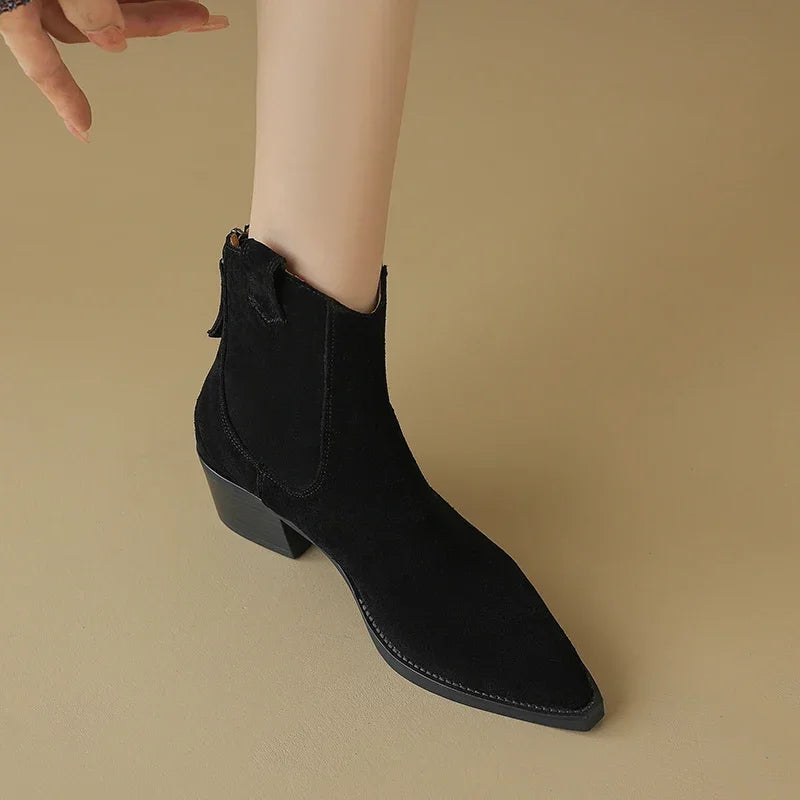 2024 Winter Classic Chelsea Boots for Woman Cow Suede Pointy Toe Wedge