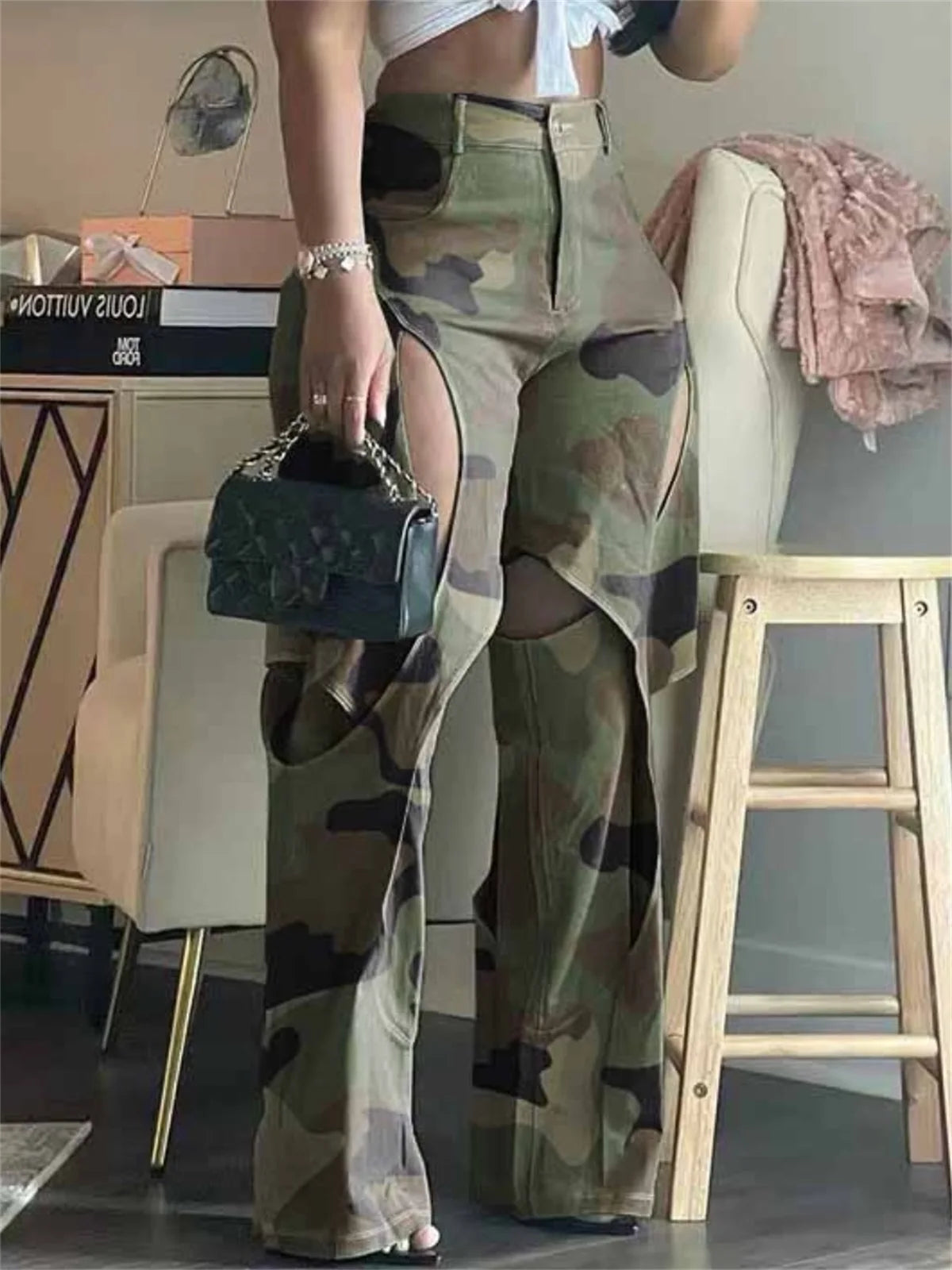 LW Camo Hollow Out Multicolor Pants Casual Loose Camouflage Print