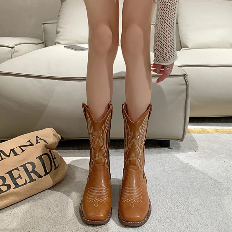 Embroidered Mid Calf CowGurl Boots