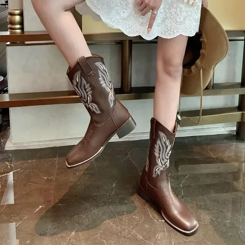 Women Retro Mid Calf Western Cowboy Motorcycle Boots Female Autumn