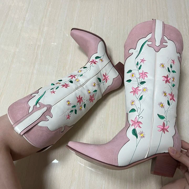 IPPEUM Cowgirl Boots Pink Flower Embroidered Knee Shoes For Women Mid