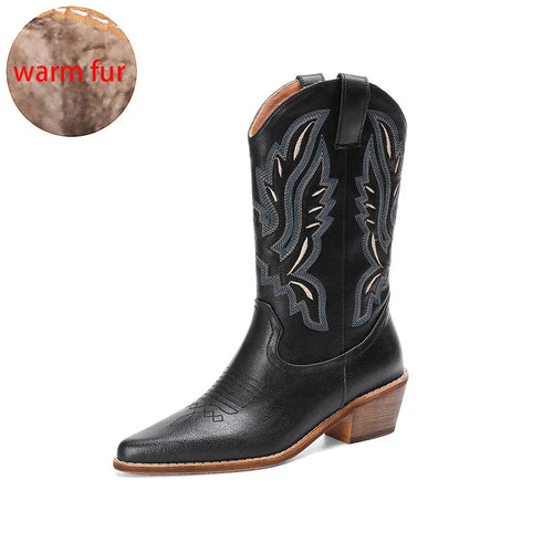 Plus Size 43 Women's Embroidered Western Mid-Calf Boots Cowboy Cowgirl