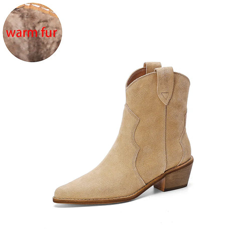 2023 Classic Western Boots for Woman Cow Suede Pointed toe Wedges Heel