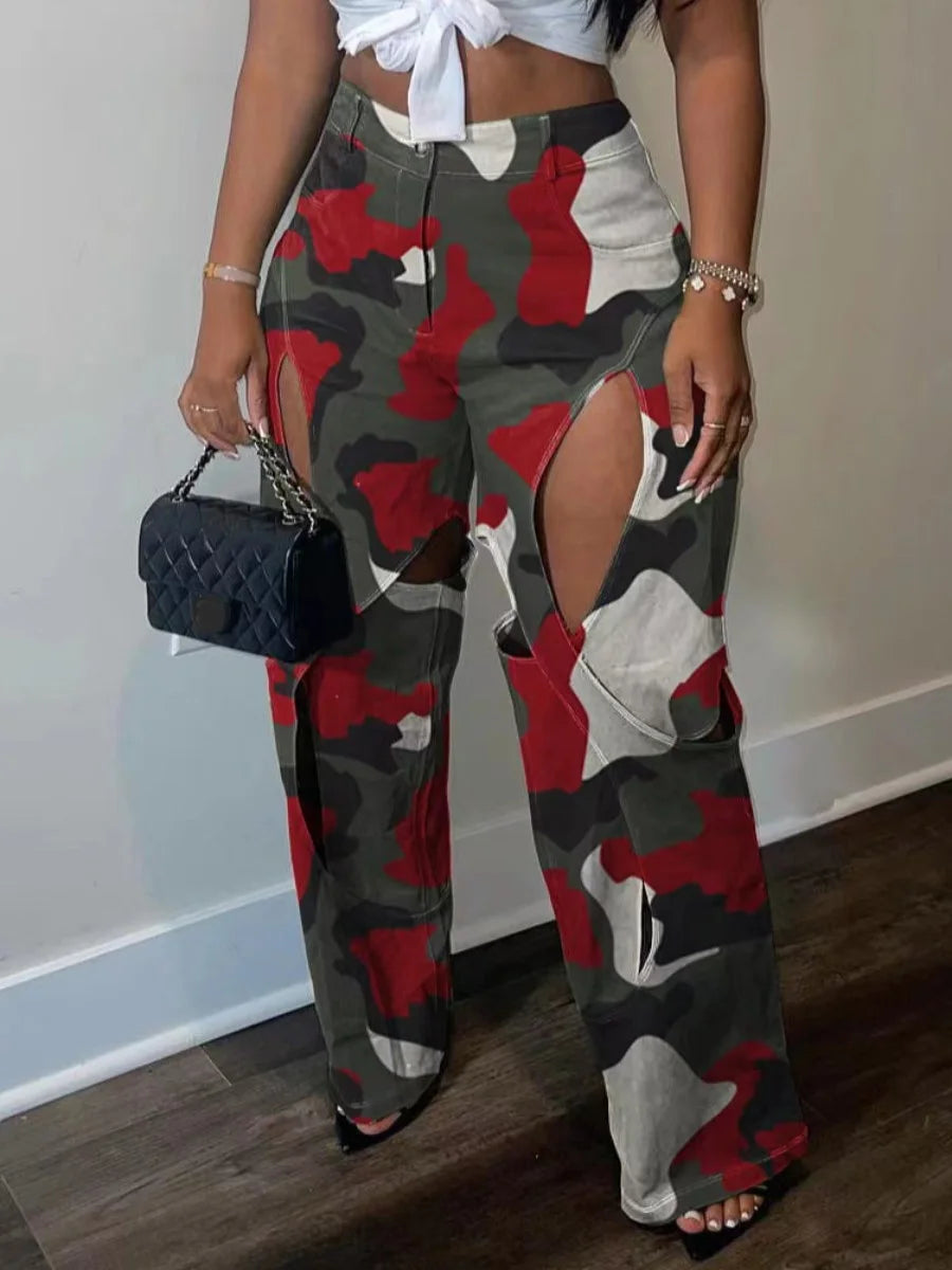 LW Camo Hollow Out Multicolor Pants Casual Loose Camouflage Print