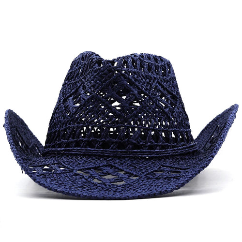 Hollowed Out Wide Brim Western Cowboy Hat Retro Hand-woven Natural
