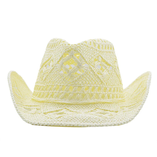 Hollowed Out Wide Brim Western Cowboy Hat Retro Hand-woven Natural