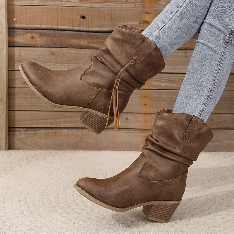 Women Vintage Brown Western Cowboy Boots Autumn Winter Tassel PU