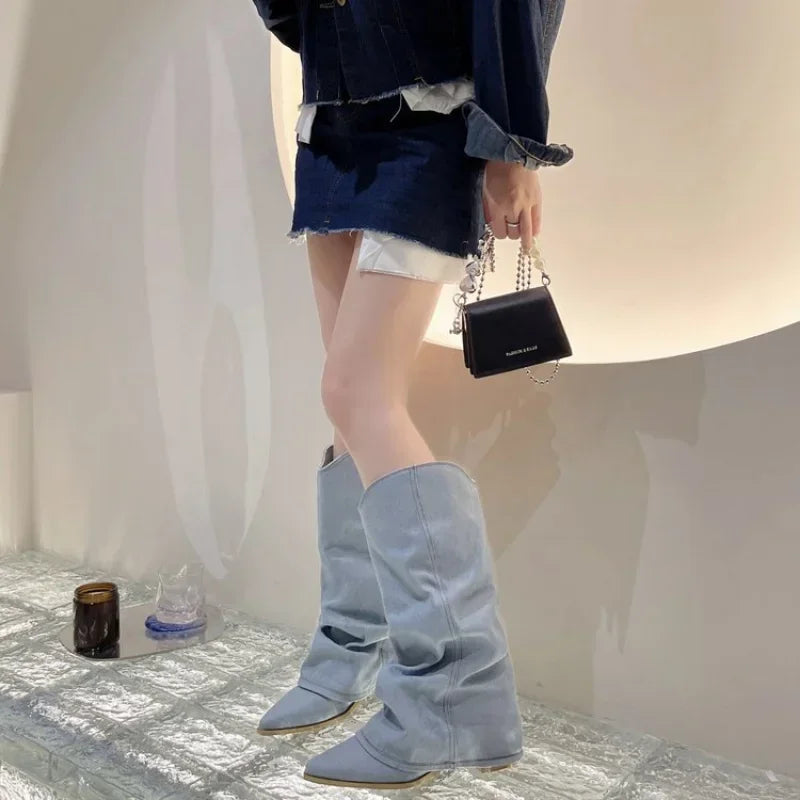 Pleats Blue Denim Boots