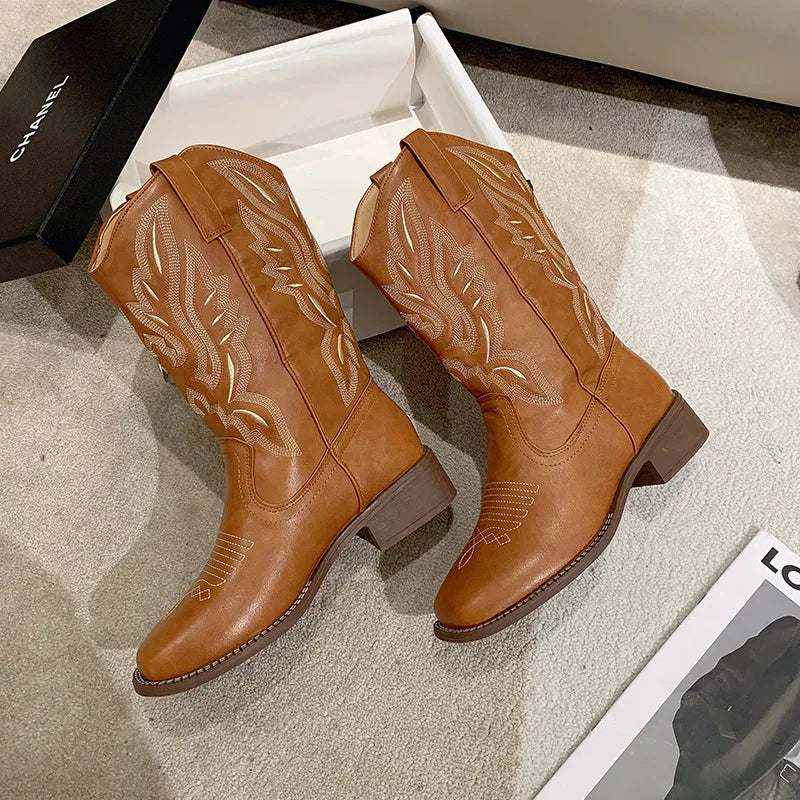 Embroidered Mid Calf CowGurl Boots