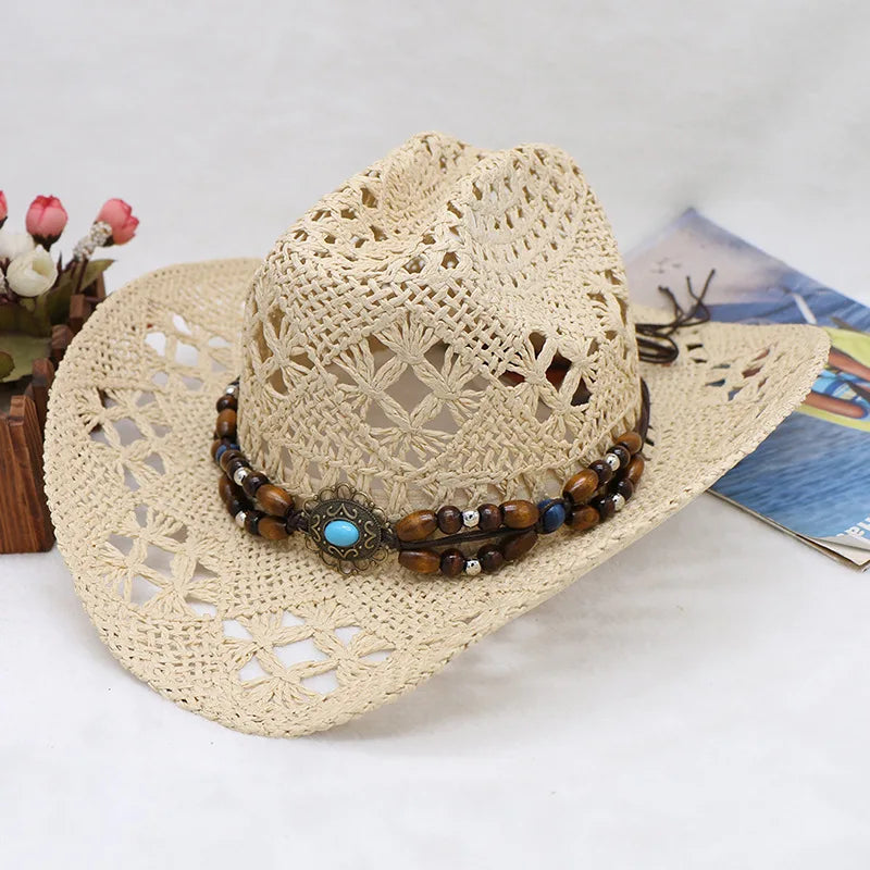 Straw Hat Women Men Summer Handmade Vintage Hollow Western brim Sun