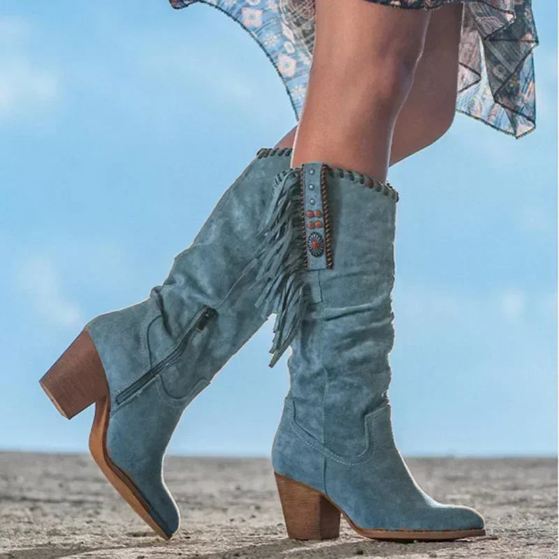 Women High Boots Trend Retro Metal Buckle Pointed Toe Thick Heel