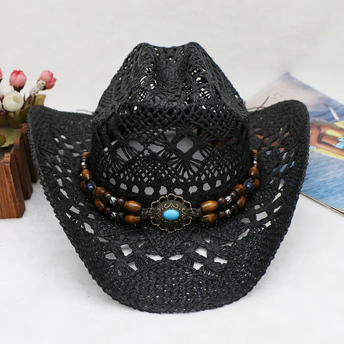 Straw Hat Women Men Summer Handmade Vintage Hollow Western brim Sun