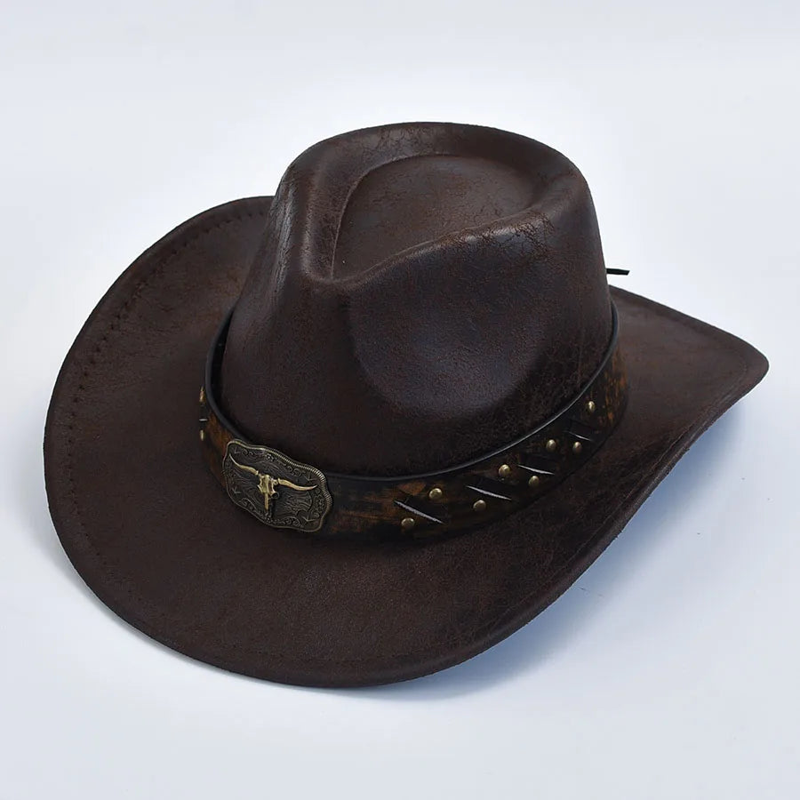 Men Women Western Cowboy Hats Faux Leather Vintage Gentleman Cowgirl