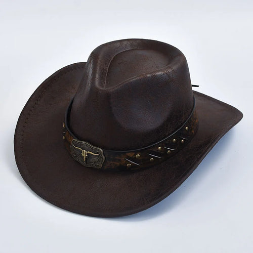 Men Women Western Cowboy Hats Faux Leather Vintage Gentleman Cowgirl