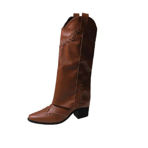 Studded Boots Women Low Heel Cowboy Chelsea Western Short Leather Knee