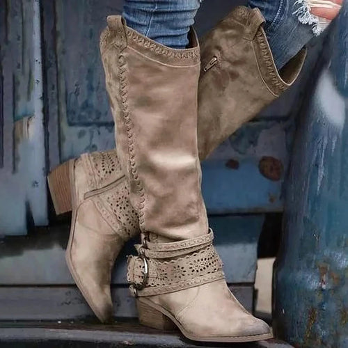 2023 New Western Cowboy Boots Buckle Ladies Low Heel Knee High Boots