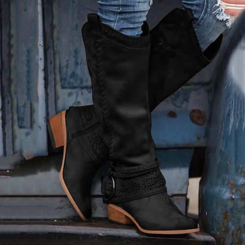 2023 New Western Cowboy Boots Buckle Ladies Low Heel Knee High Boots