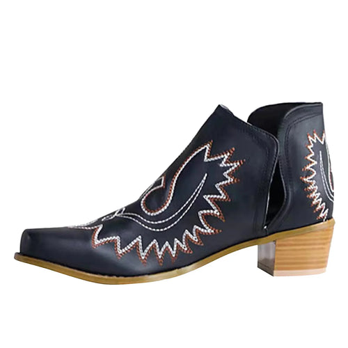 Women Boots Flower Embroidered Cowboy Boots Platform Winter Warm Ankle