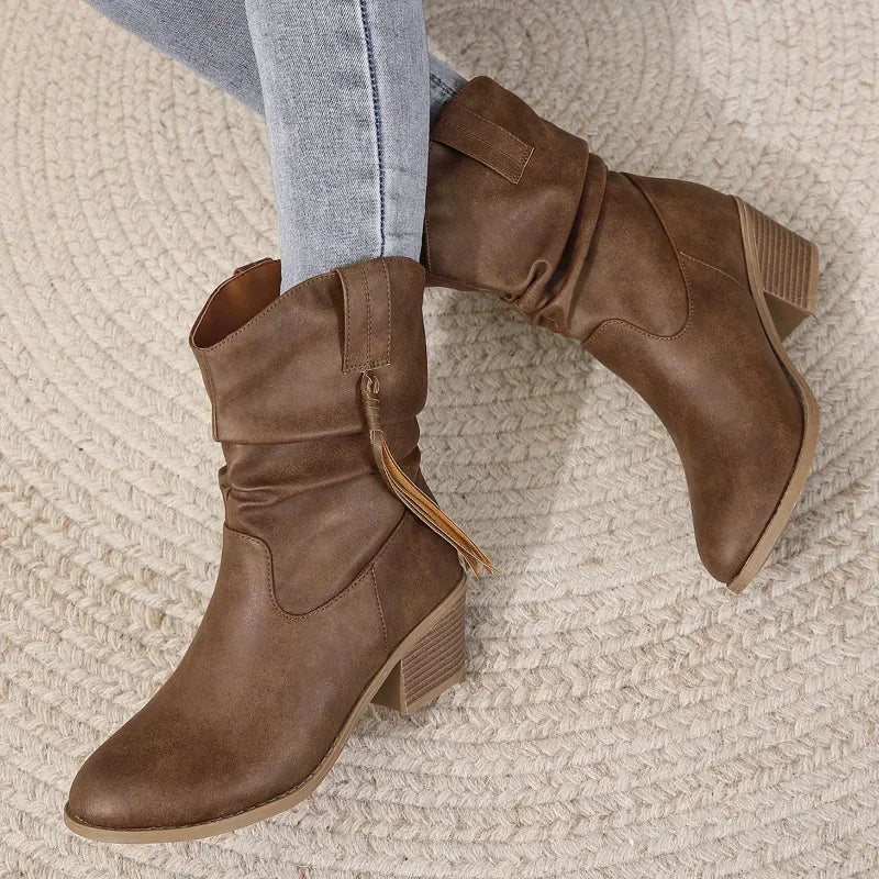 Women Vintage Brown Western Cowboy Boots Autumn Winter Tassel PU