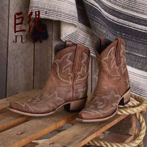 Casual Autumn Winter Western Cowboy Ankle Boots Women Snake Leather