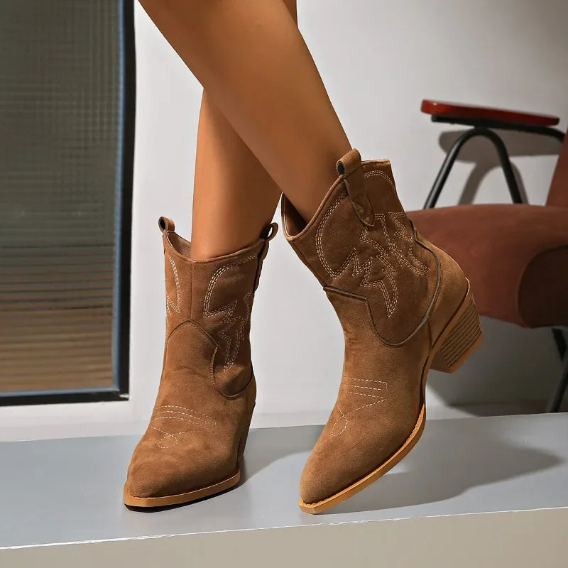 2024 New Pointed Coarse Heel Large Western Cowboy Short Boots