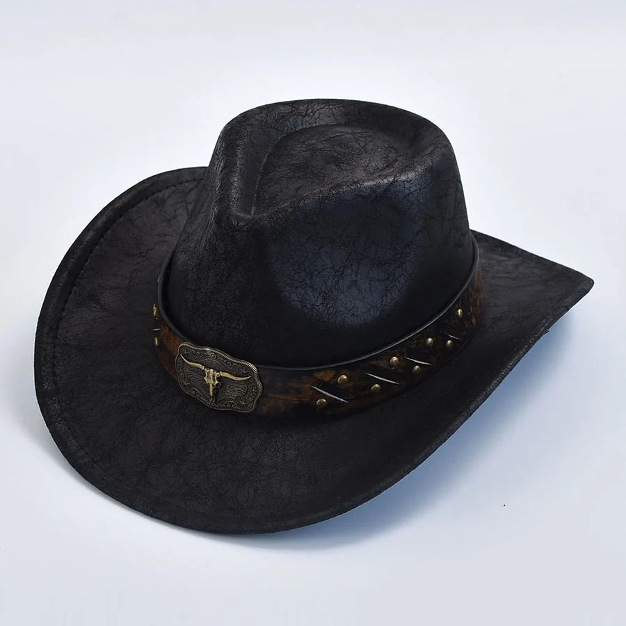 Men Women Western Cowboy Hats Faux Leather Vintage Gentleman Cowgirl