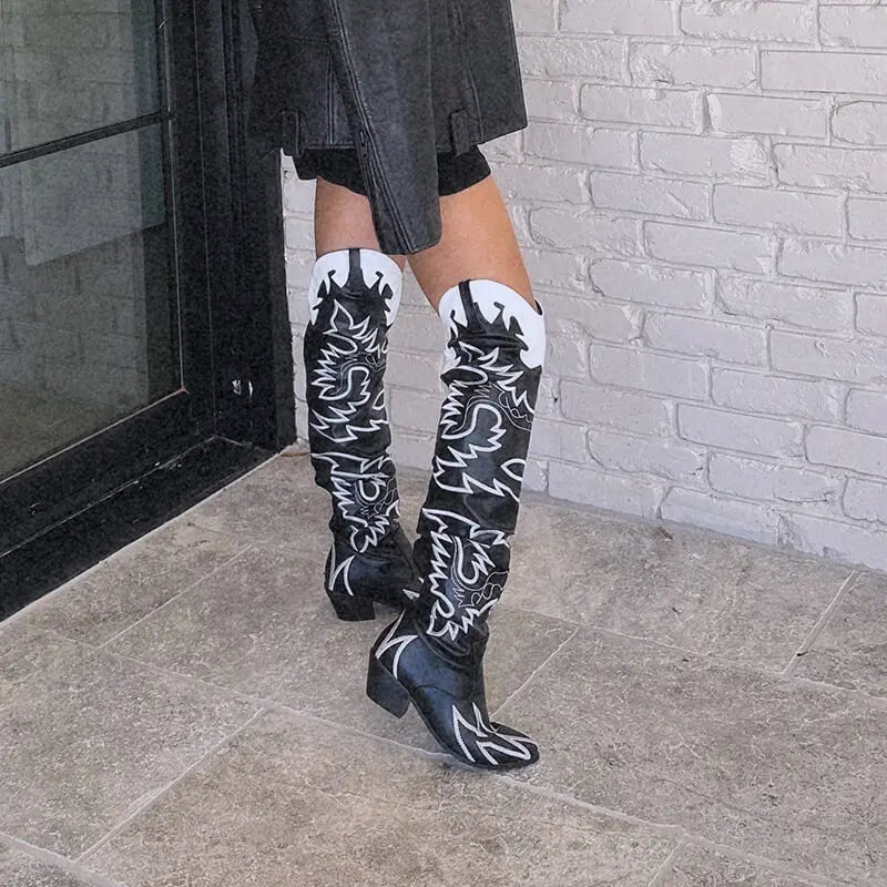 Onlymaker Woman Knee High Boots Western Cowboy Boots Wide Calf