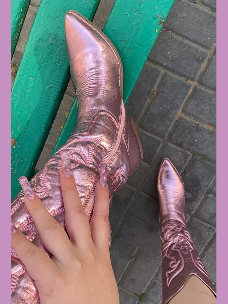 Silver Metallic Cowboy Boots For Women Pointed Toe Wide Calf Western