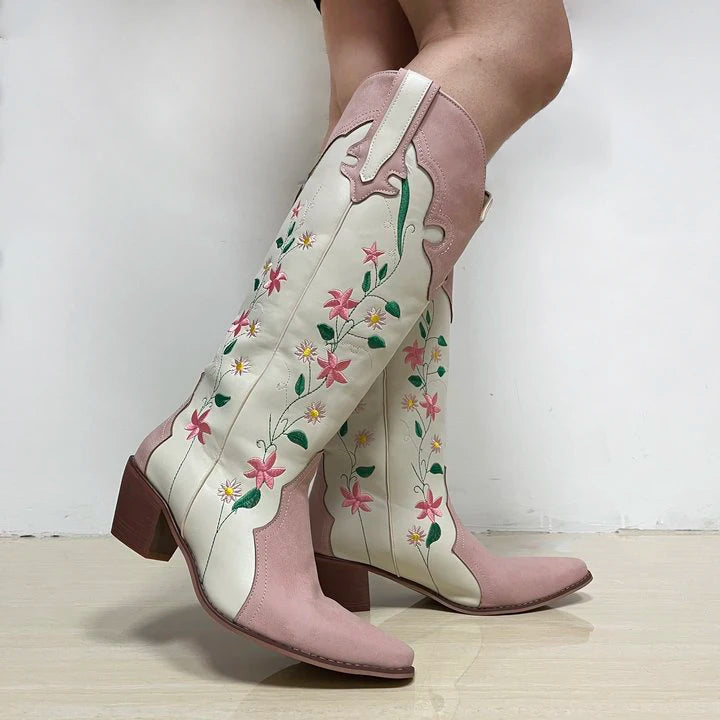 IPPEUM Cowgirl Boots Pink Flower Embroidered Knee Shoes For Women Mid