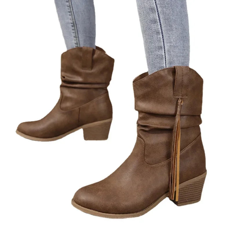 Women Vintage Brown Western Cowboy Boots Autumn Winter Tassel PU
