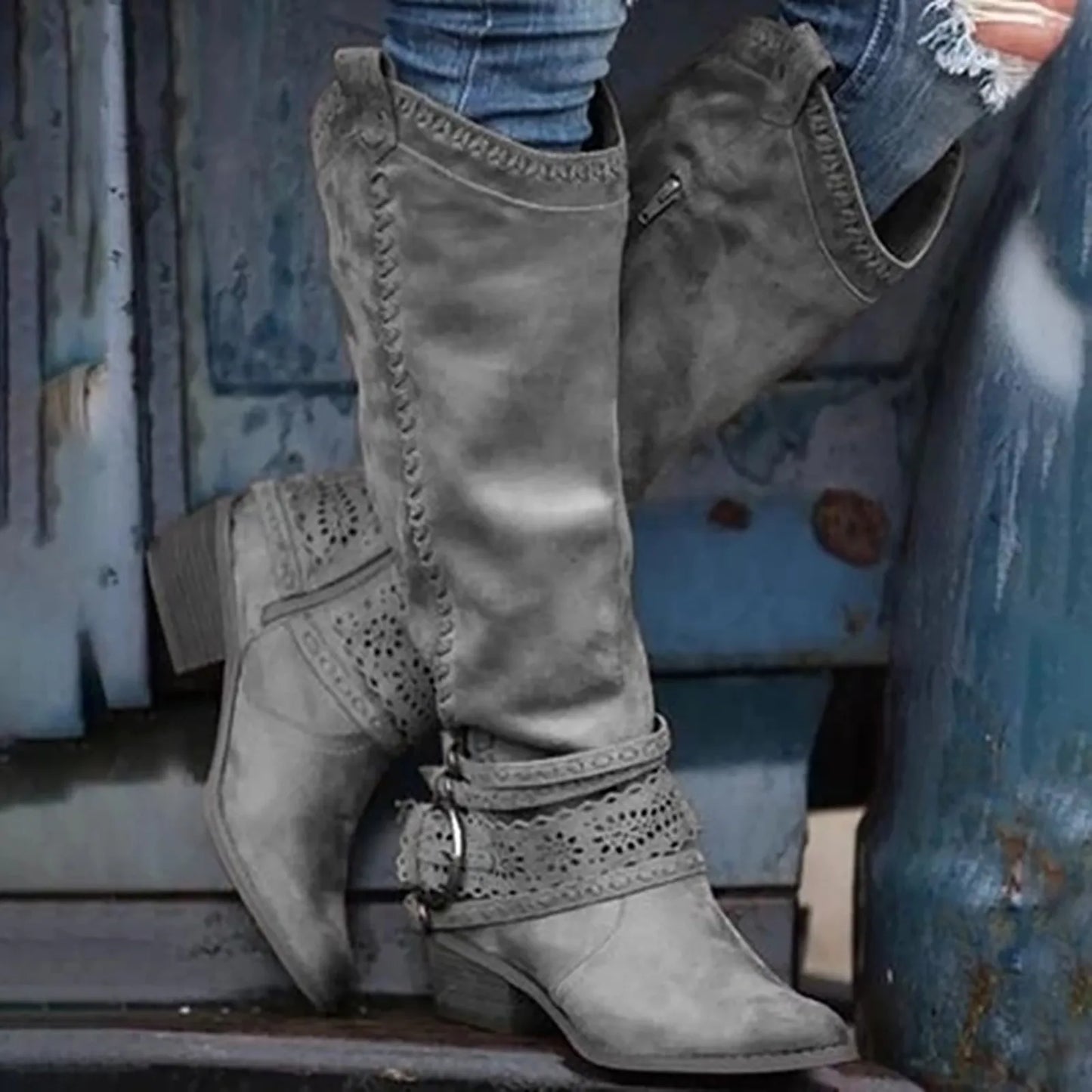 2023 New Western Cowboy Boots Buckle Ladies Low Heel Knee High Boots