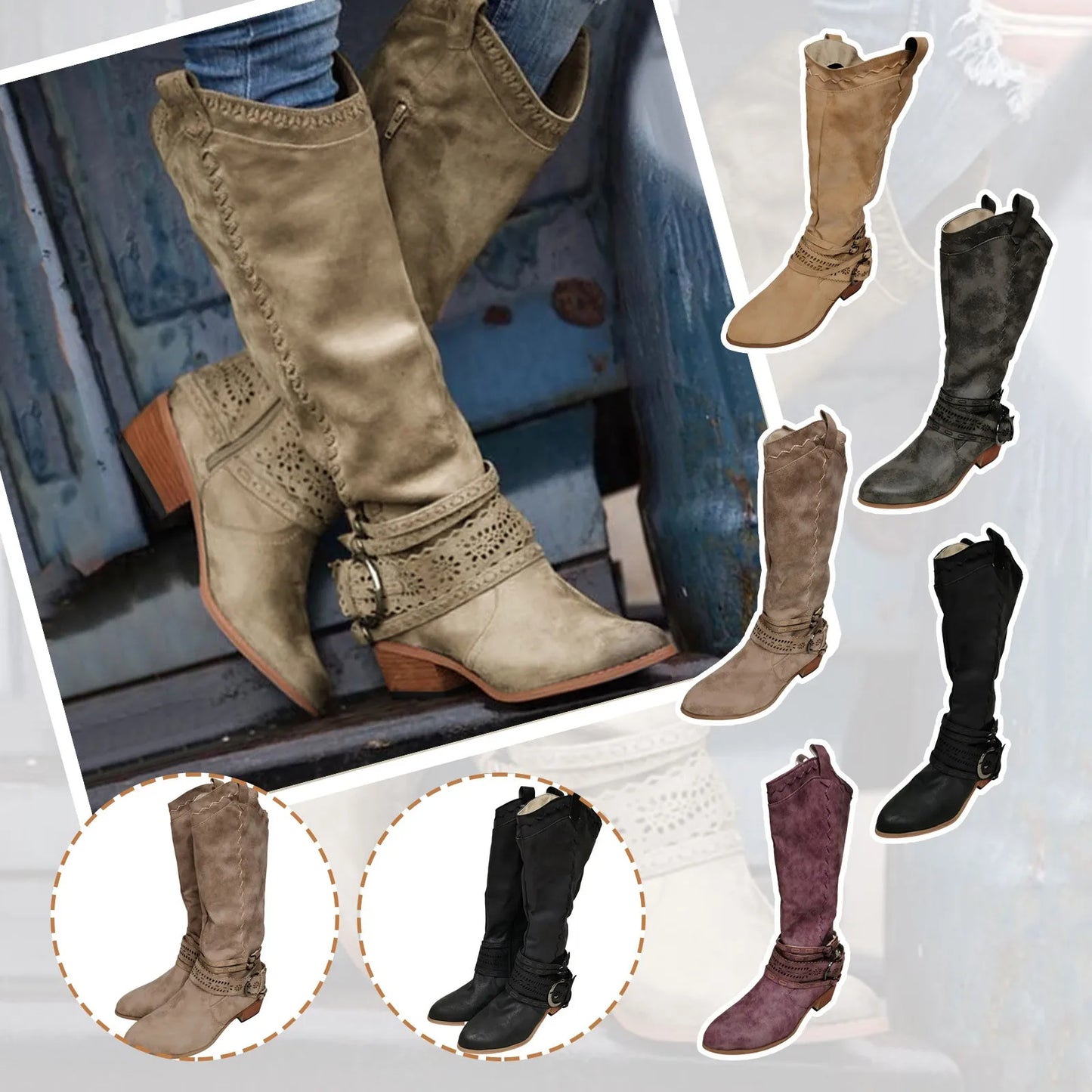 2023 New Western Cowboy Boots Buckle Ladies Low Heel Knee High Boots