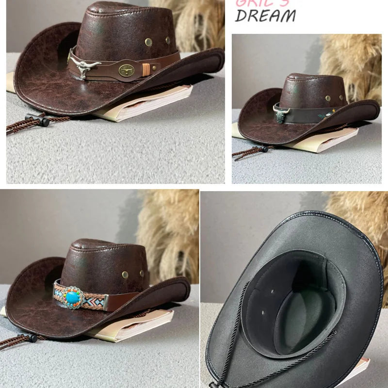 Western Cowboy Hat Ox Head Belt Rivet Fedora Cap For Men Women Outdoor