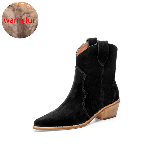 2023 Classic Western Boots for Woman Cow Suede Pointed toe Wedges Heel