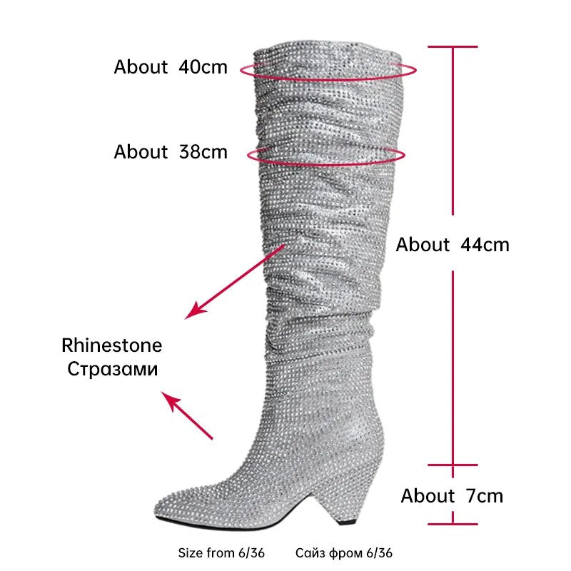 Ods Sexy Brand Luxury Bling Silver Crystal Knee High Chunky Womens