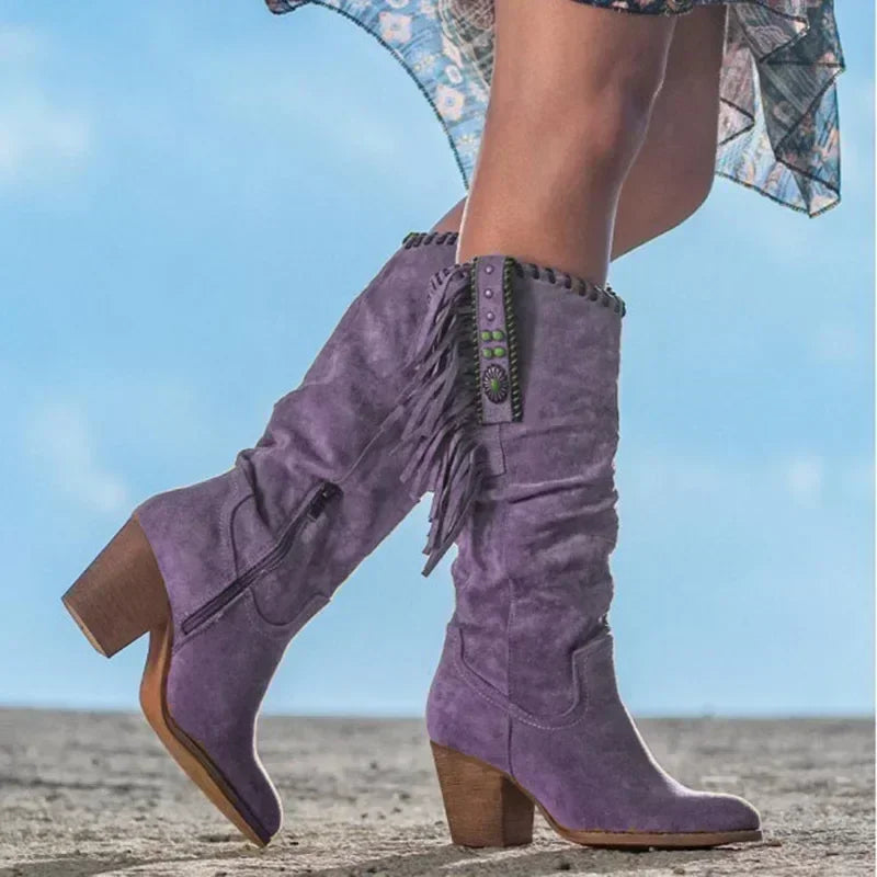 Women High Boots Trend Retro Metal Buckle Pointed Toe Thick Heel