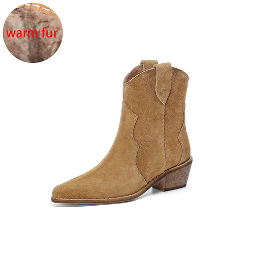 2023 Classic Western Boots for Woman Cow Suede Pointed toe Wedges Heel