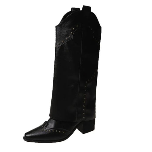 Studded Boots Women Low Heel Cowboy Chelsea Western Short Leather Knee