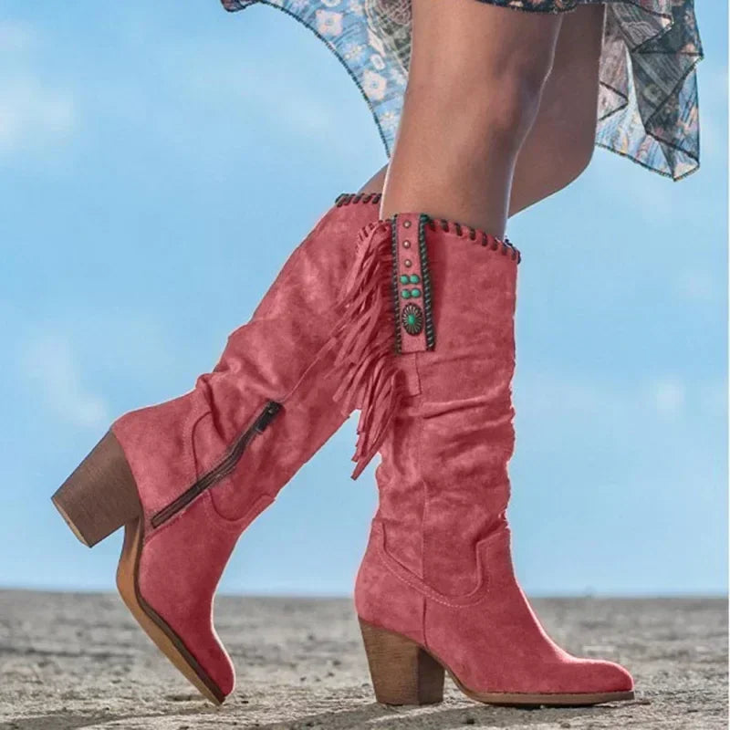 Women High Boots Trend Retro Metal Buckle Pointed Toe Thick Heel